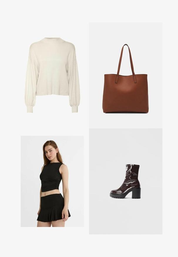 Světle krémový, zkrácený svetr s ribovanou texturou, dlouhými nadýchanými rukávy a vysokým výstřihem. Měkká látka s uvolněným střihem.; Černé dvoudílné oblečení zahrnující top bez rukávů s nařasením a rozšířenou mini sukni, obě vyrobené z hladké, elastické látky.; Lesklá bordó kotníková bota s masivním černým podpatkem, se hladkým povrchem a jednoduchým designem. Žádné viditelné zapínání ani vzory.; Hnědá kožená taška přes rameno s hladkou texturou, otevřeným designem a dvěma ramenními popruhy. Obsahuje minimální švy a žádné viditelné kovové prvky.
