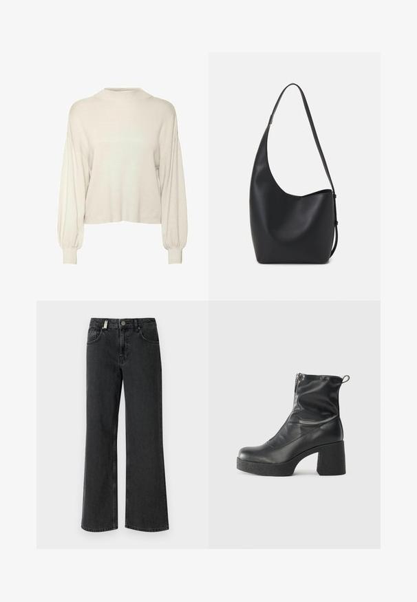 Suéter cortado color blanco roto, con textura acanalada, mangas largas abullonadas y un escote alto. Tejido suave con un ajuste relajado.; Jeans de mezclilla negra de pierna ancha con talle medio, dos bolsillos frontales y costuras en contraste sobre una textura de tela suave.; Botines negros de tobillo, hechos de cuero suave, con cierre lateral, tacón grueso texturizado y diseño de punta redondeada.; Bolso tipo hobo de cuero negro con una textura suave, forma curvada y una sola correa ajustable; presenta una amplia apertura en la parte superior.