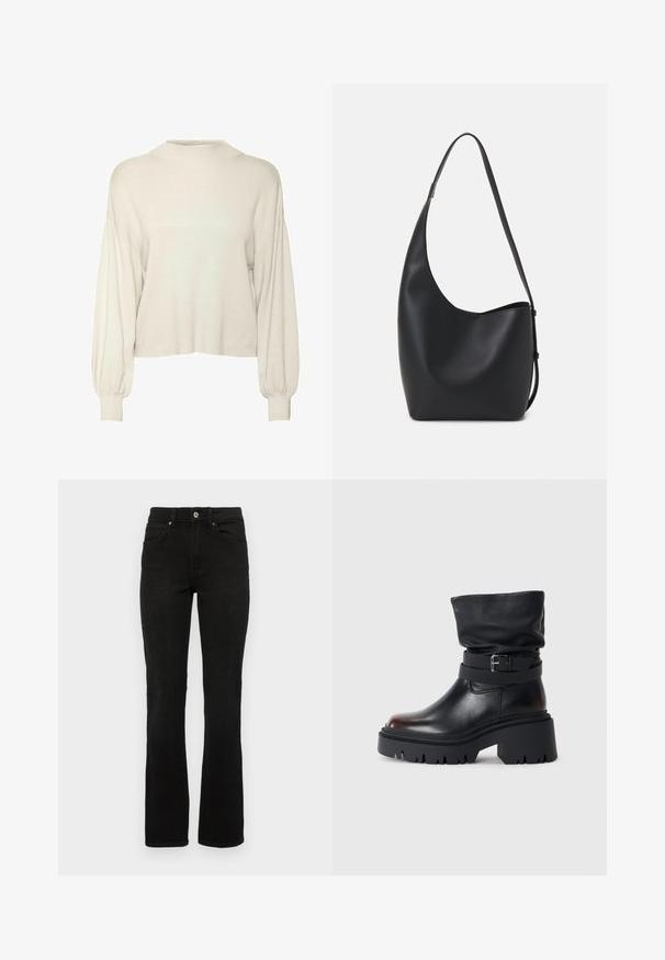 Pull cropped couleur écru, avec une texture côtelée, des manches bouffantes longues et un col haut. Tissu doux avec une coupe décontractée.; Jean en denim noir avec un design à jambes évasées, taille mi-haute, cinq poches et une fermeture à bouton. Le matériau a une texture lisse et résistante.; Bottine en cuir noir avec une tige décontractée, détail de boucle et semelle épaisse et robuste. Elle présente un bout rond et une texture lisse.; Sac hobo en cuir noir avec une texture lisse, une forme incurvée et une seule sangle réglable ; dispose d'une large ouverture en haut.