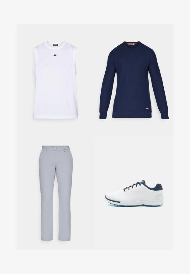 Tengerészkék, kerek nyakú pulóver, kötött anyagból, hosszú ujjakkal, és egy kis logóval a jobb alsó elülső részen.; Fehér, ujjatlan felső, sima anyagból készült, kerek nyakkivágással és egy kis fekete logóval a közepén. A dizájn egyszerű és letisztult.; Világosszürke nadrág egyenes szabással, gombos záródással, elülső zsebekkel és sima, texturált anyaggal. Minimalista dizájn, minta nélkül.; Fehér sportcipők sima szintetikus felsőrésszel, kék díszítéssel, texturált sötétkék sarokkal és könnyű, tüskés talppal a tapadás érdekében.