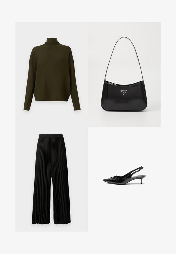 Dark olive green long-sleeve knit sweater with a high neck and relaxed fit, displayed against a plain light background.; Black wide-leg pants with vertical pleats and a fitted waistband, displayed front-facing on a plain white background.; Black leather slingback heels with a pointed toe, low kitten heel, and gathered detail on the vamp. Smooth texture and minimalist design.; Black patent leather shoulder bag with a curved shape, featuring a silver triangle logo and a zipper closure. Smooth texture and slim strap.