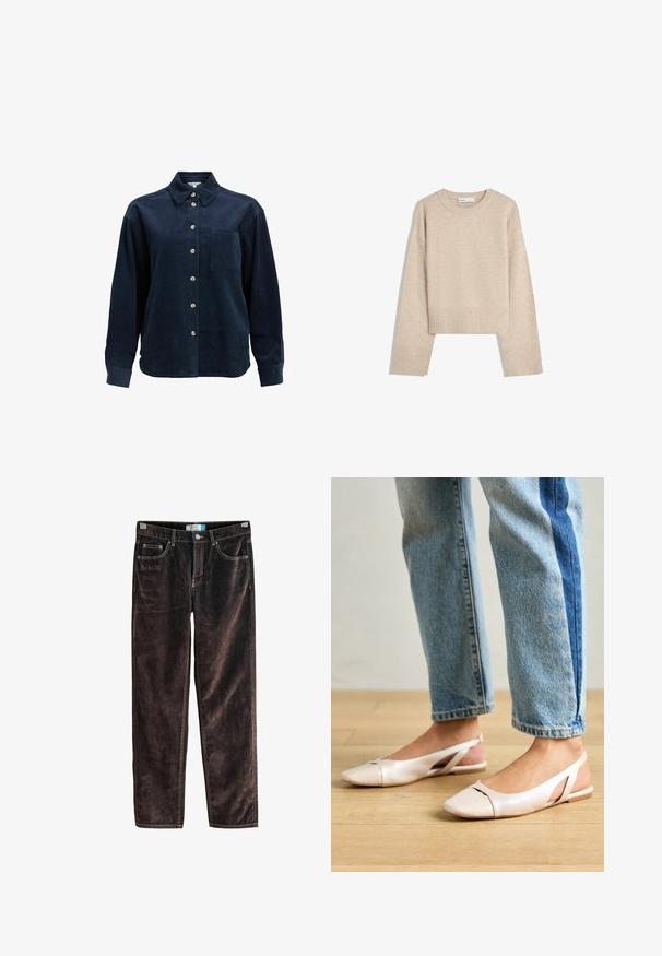 Pull en beige court en tricot doux. Présente un col rond, des manches longues et des bords-côtes aux poignets et à l'ourlet pour une texture supplémentaire.; Chemise en velours côtelé bleu foncé à manches longues, avec boutonnière à l'avant, poche poitrine unique, col évasé et boutons beiges.; Pantalons en velours côtelé marron à jambes droites avec cinq poches, coutures contrastées et fermeture à bouton à la taille. Texture douce avec un motif à côtes.; Ballerines slingback rose pâle avec un bout pointu, fabriquées en un matériau semblable au cuir lisse. Présentent des découpes sur les côtés et un talon plat.