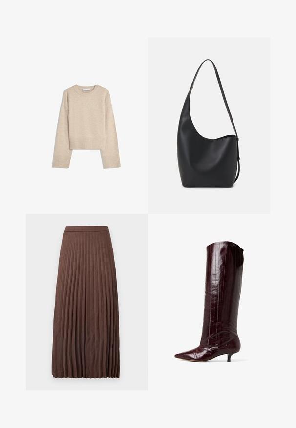 Beige lyhyt villapaita, joka on valmistettu pehmeästä neulotusta materiaalista. Siinä on pyöreä kaula-aukko, pitkät hihat sekä ribbireunat ja helma, jotka lisäävät tekstuuria.; Ruskea plisattu midi-hame, joka on valmistettu teksturoidusta kankaasta. Hameessa on istuva vyötärö ja pystysuorat pliseeraukset, jotka ulottuvat vyötäröstä helmaan.; Burgundin knee-high saapas kiiltävästä paten materiaalista. Ominaisuuksina teräväkärkinen ja kitten-korkoinen lesti, jossa on pystysuorat viivat yksityiskohtina varsissa.; Musta nahkainen hobo-laukku, jossa on sileä pinta, kaareva muoto ja yksi säädettävä olkahihna; sisäänkäynti on leveä ylhäältä.