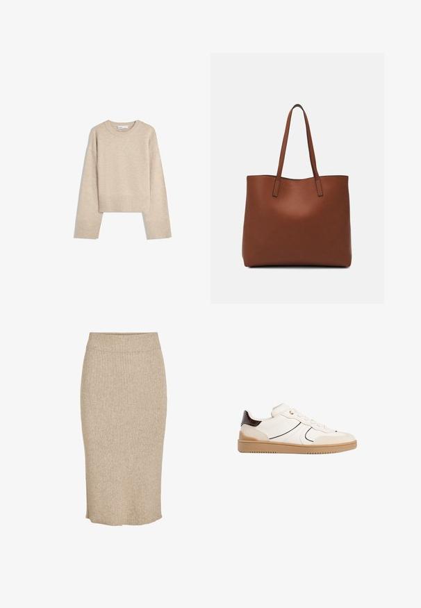 Beige kortärmad tröja i mjukt stickat material. Har rund halsringning, långa ärmar samt ribbade muddar och nederkant för ökad textur.; Kjol i ljus beiget färg med vertikal ribbad textur, knälång med ett elastiskt midjeband och rak skärning.; Stradivarius Sneakers - white; Brun läder tote-väska med en slät textur, öppen toppdesign och två axelremmar. Har minimal söm och ingen synlig metalldetalj.