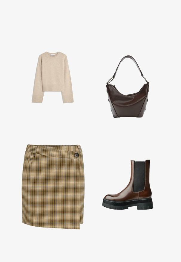 Beige lyhyt villapaita, joka on valmistettu pehmeästä neulotusta materiaalista. Siinä on pyöreä kaula-aukko, pitkät hihat sekä ribbireunat ja helma, jotka lisäävät tekstuuria.; Ruskea ja keltainen ruudullinen hame sinisillä yksityiskohdilla. Ominaisuuksiin kuuluu suora leikkaus, sivunapit ja sileä tekstuuri.; Ruskea nahkainen nilkkuri, jossa musta joustava sivupaneeli ja paksu musta kumipohja. Sileä pinta, jossa minimaalinen ompelu.; Tumma ruskea nahkalaukku, jossa on kaareva muoto, vetoketjusuljenta ja lyhyt kahva. Varustettu metalliosilla ja koristeellisilla mustilla nappuloilla sivuilla.