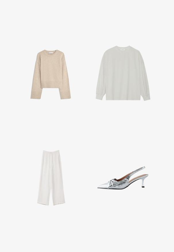 Beige cropped sweater lavet af blød strik. Har rund halsudskæring, lange ærmer samt ribbede manchetter og kant for ekstra tekstur.; Lys grå langærmet t-shirt lavet af blød bomuld. Har en løs pasform, rund halsudskæring og let indsamlede manchetter. Ingen mønstre eller grafikker.; Hvide bukser med bred benlængde lavet af et letvægtsstof. Har et elastisk talje med snor og sidelommer. Glat tekstur.; Sølv slingback hæle med spidse tæer, tekstureret metallisk finish og en dekorativ sløjfe. Har en slank kitten hæl.