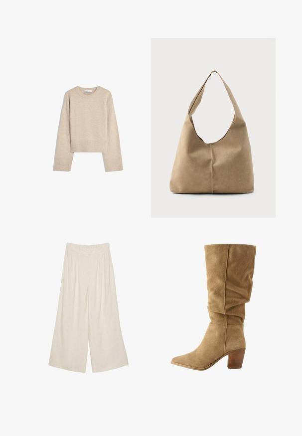 Beige cropped sweater made of soft knit material. Features a round neckline, long sleeves, and ribbed cuffs and hem for added texture.; Linen wide-leg pants in a light beige color with a pleated design and an elastic waistband for comfort and ease of wear.; Brown suede knee-high boot with a slouched design, pointed toe, and stacked wooden heel. Soft texture with visible stitching accents.; Hobo bag in soft beige suede with a slouchy shape, wide shoulder strap, and a hand-stitched seam detail along the front.