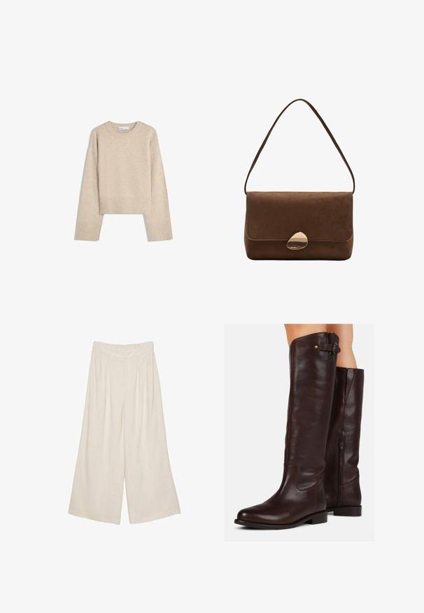 Bežani skraćeni pulover napravljen od mekog pletenog materijala. Ima okrugli izrez, duge rukave i rebraste manžete i porub za dodatnu teksturu.; Linen hlače širokog kroja svijetlosmeđe boje s nabranim dizajnom i elastičnom elastikom za udobnost i jednostavno oblačenje.; Smeđe kožne čizme do koljena s okruglim vrhom, bočnim patentnim zatvaračem i malim detaljem kopče na vrhu, s glatkom teksturom.; Smeđa antilop torba preko ramena s zakrivljenim zlatnim kopčom i jednom trakom, pravokutnog oblika s preklopom.