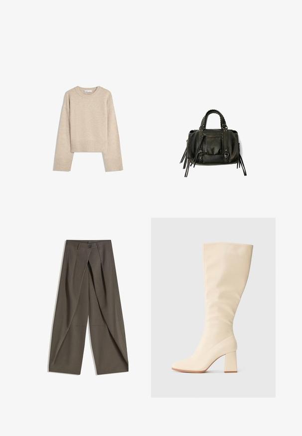 Bež pulover s kratkimi rokavi, izdelan iz mehkega pletenega materiala. Ima okroglo izrez, dolge rokave ter rebraste manšete in spodnji rob za dodatno teksturo.; Široke hlače iz teksturiranega temno sive tkanine. Imajo sprednji zarezan, gumb za zapiranje in stranske žepe za praktičnost.; Kremno obarvan škornj z višino do kolen, z blok peto in gladko površino, prikazan v bočnem profilu na enobarvni ozadju.; Črna usnjena torba s pletenimi ročaji, žepom na zadrgo in visečimi resicami. Teksturična površina z kovinskimi okrasnimi studenčki in dodatki iz kovine.