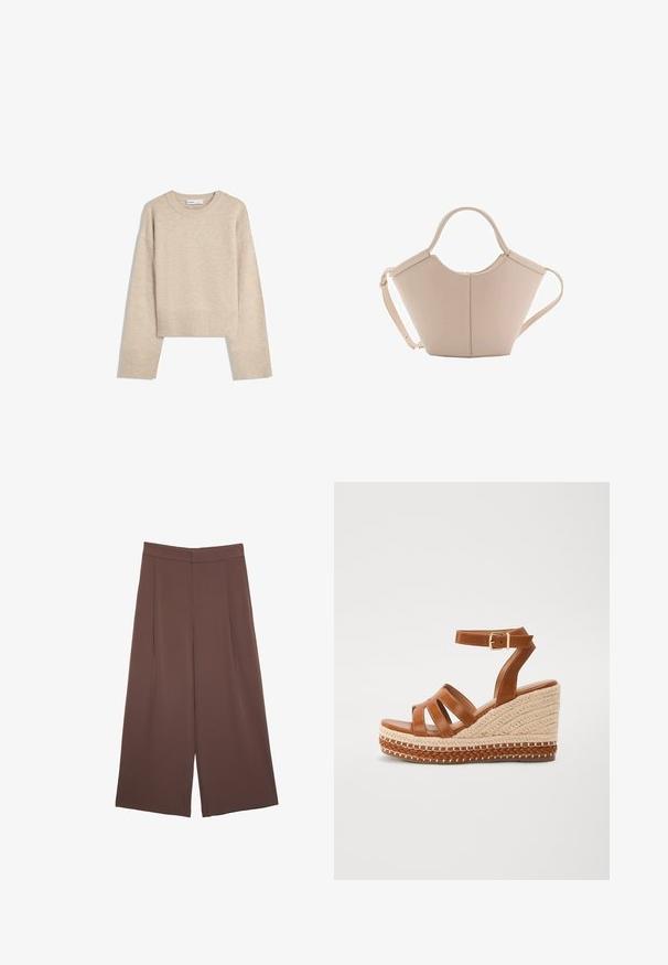 Beige lyhyt villapaita, joka on valmistettu pehmeästä neulotusta materiaalista. Siinä on pyöreä kaula-aukko, pitkät hihat sekä ribbireunat ja helma, jotka lisäävät tekstuuria.; Ruskeat leveälahkeiset housut, joissa on sileä pinta, korkea vyötärö ja etupleat. Kangas on kevyttä ja laskeutuu väljänä.; Ruske nahodne sandale s wedge petom imaju pletenu jute srednju podlogu, otvoreni prst s tri remena i kaiš sa kopčanjem oko gležnja za sigurno pristajanje.; Vaaleanbeige nahkainen käsilaukku, jossa on ainutlaatuinen muoto, varustettuna kahdella lyhyellä kahvalla ja yhdellä pitkällä säädettävällä hihnalla. Sujuva pinta ja vähän metalliosia.