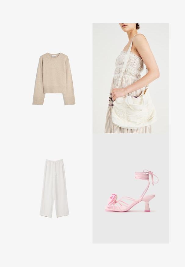 Beige cropped sweater made of soft knit material. Features a round neckline, long sleeves, and ribbed cuffs and hem for added texture.; White wide-leg trousers made from a lightweight fabric. Features an elastic waistband with a drawstring and side pockets. Smooth texture.; Pink heeled sandals with thin straps and a floral accent on the toe. The heel is a chunky design with a contrasting pink tip. Smooth texture.; White fabric shoulder bag with gathered texture, adjustable strap, and silver hardware. Displayed alongside a cream-colored dress.