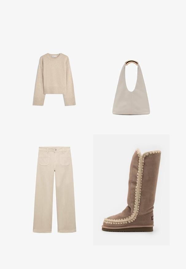 Pull en beige court en tricot doux. Présente un col rond, des manches longues et des bords-côtes aux poignets et à l'ourlet pour une texture supplémentaire.; Pantalon large beige en coton. Il dispose d'un zip, d'un bouton à l'avant et de deux poches plaquées à l'arrière. Ourlet propre sans embellissements.; Botte en daim marron haute avec une broderie beige complexe le long du bord, bout arrondi et semelle plate. Design simple et épuré.; Sac en cuir gris clair avec un design en forme de U et une poignée métallique courbée. Texture lisse avec un minimum de coutures et sans motifs visibles.