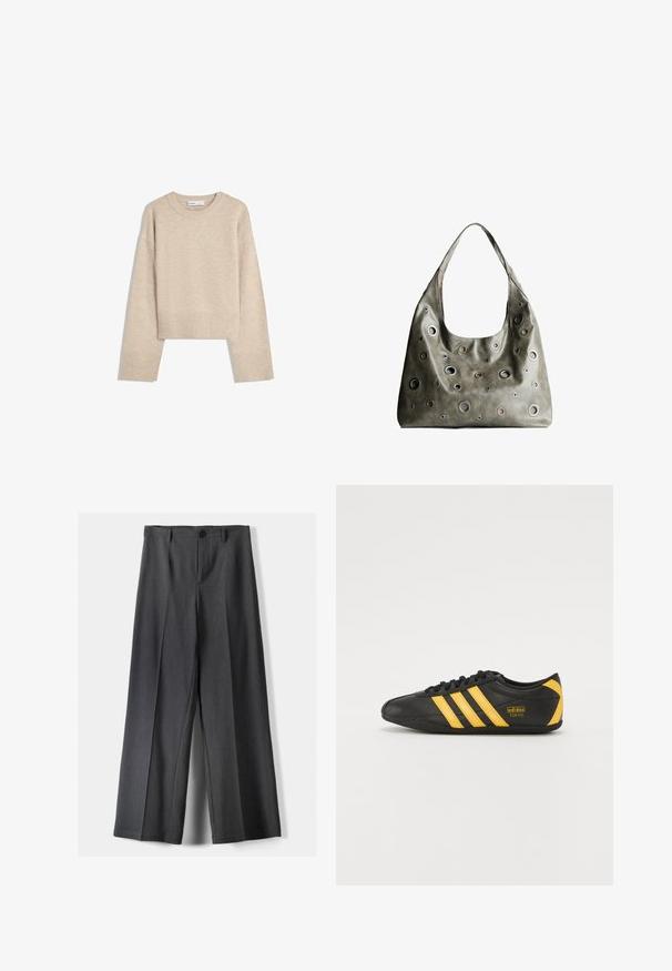 Beige cropped sweater made of soft knit material. Features a round neckline, long sleeves, and ribbed cuffs and hem for added texture.; Wide-leg trousers in dark grey fabric, featuring a button closure, front pleats, and belt loops. Smooth texture with a tailored design.; Black leather athletic shoe with yellow three-stripe design, rounded toe, black laces, and small logo on the side. Low-profile silhouette.; Olive green leather handbag with a slouchy design, featuring various sized circular cutouts and accents in darker and lighter shades.