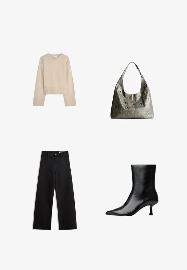 Beżowy, krótkie sweter wykonany z miękkiego materiału dzianinowego. Posiada okrągły dekolt, długie rękawy oraz prążkowane mankiety i dół, co dodaje mu tekstury.; Czarne dżinsowe spodnie o szerokich nogawkach i wysokim stanie, z przednimi i tylnymi kieszeniami, przeszyciami oraz zapięciem na guziki. Gładka struktura.; Czarny botek do kostki wykonany z błyszczącej skóry, z wąskim noskiem i smukłym obcasem, charakteryzujący się gładką fakturą i minimalistycznym designem.; Oliwkowa skórzana torebka o luźnym fasonie, z różnej wielkości okrągłymi wycięciami i akcentami w ciemniejszych i jaśniejszych odcieniach.