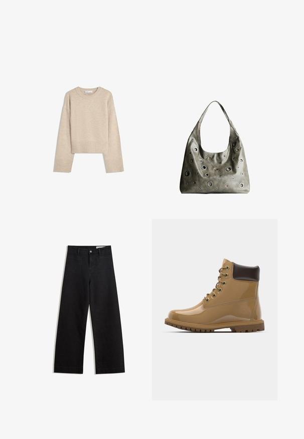 Maglione corto beige realizzato in morbido materiale a maglia. Presenta un colletto rotondo, maniche lunghe e polsini e orlo ribattuti per una maggiore texture.; Pantaloni in denim neri a gamba larga con vita alta, dotati di tasche anteriori e posteriori, cuciture a punto, e chiusura con bottone. Texture liscia.; Stivali alla caviglia in vernice tan con accenti marroni, punta tonda, sei occhielli in metallo, lacci marroni e suola in gomma testurizzata.; Borsa a tracolla in pelle verde oliva con un design morbido, caratterizzata da tagli circolari di diverse dimensioni e dettagli in tonalità più scure e più chiare.