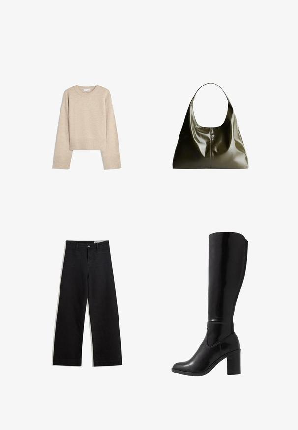 Beige cropped sweater made of soft knit material. Features a round neckline, long sleeves, and ribbed cuffs and hem for added texture.; Black wide-leg denim pants with a high waist, featuring front and back pockets, stitched seams, and a button closure. Smooth texture.; Knee-high black glossy heeled boots with a rounded toe, smooth texture, side cutout detail, and a chunky stacked heel.; Olive green, leather shoulder bag with a smooth, glossy finish. Features a rounded top and soft, draped shape. Minimalist design.