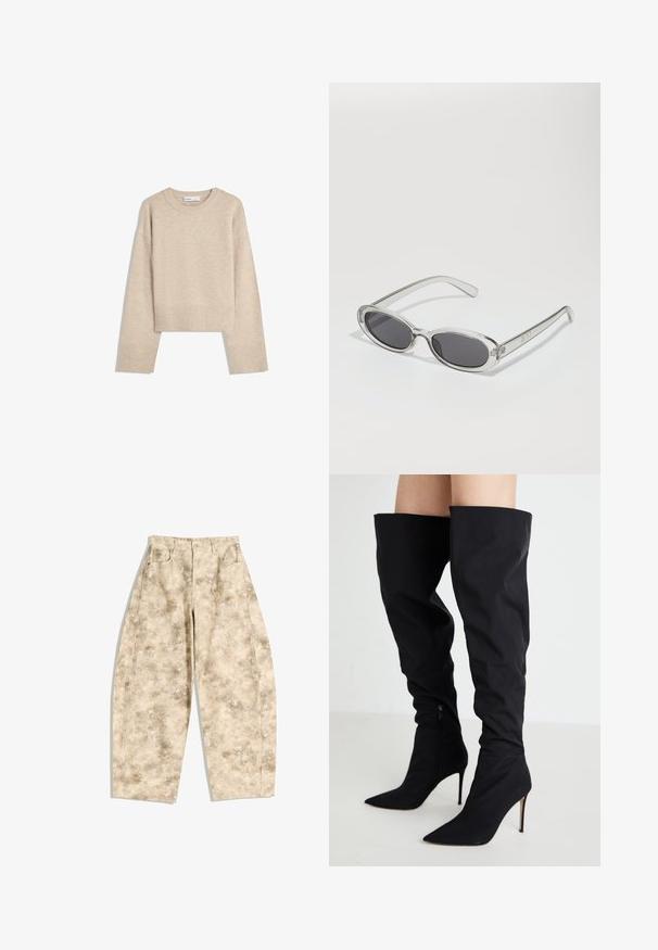Beige zkrácený svetr vyrobený z měkké pleteniny. Má kulatý výstřih, dlouhé rukávy a žebrované manžety a lem pro větší texturu.; Krémovo-hnědé vzorované kalhoty širokého střihu s vysokým páskem, obsahující dvě přední kapsy a uzavírání na knoflík. Texturovaná tkanina.; Černé nadkolenní boty vyrobené z hladkého materiálu, s designem špičaté špičky, vysokým stiletto podpatkem a detaily na bočním zipu.; Sluneční brýle s oválným tvarem, průhledným plastovým rámem, tmavě šedými skly a tenkými průhlednými stranami s akcenty loga a minimálními detaily.; Olivově zelená kožená kabelka s uvolněným designem, která má kulaté výřezy různých velikostí a akcenty v tmavších a světlejších odstínech.