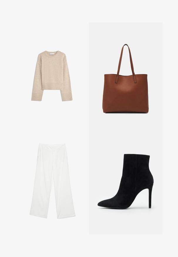 Maglione corto beige realizzato in morbido materiale a maglia. Presenta un colletto rotondo, maniche lunghe e polsini e orlo ribattuti per una maggiore texture.; Pantaloni a gamba larga in tessuto bianco, con una texture liscia, tasche anteriori e una vita classica con passanti per la cintura.; Stivaletto in suede nero con punta affilata e tacco alto sottile su uno sfondo bianco semplice.; Borsa tote in pelle marrone con texture liscia, design con apertura superiore e due spallacci. Presenta cuciture minime e nessun hardware visibile.
