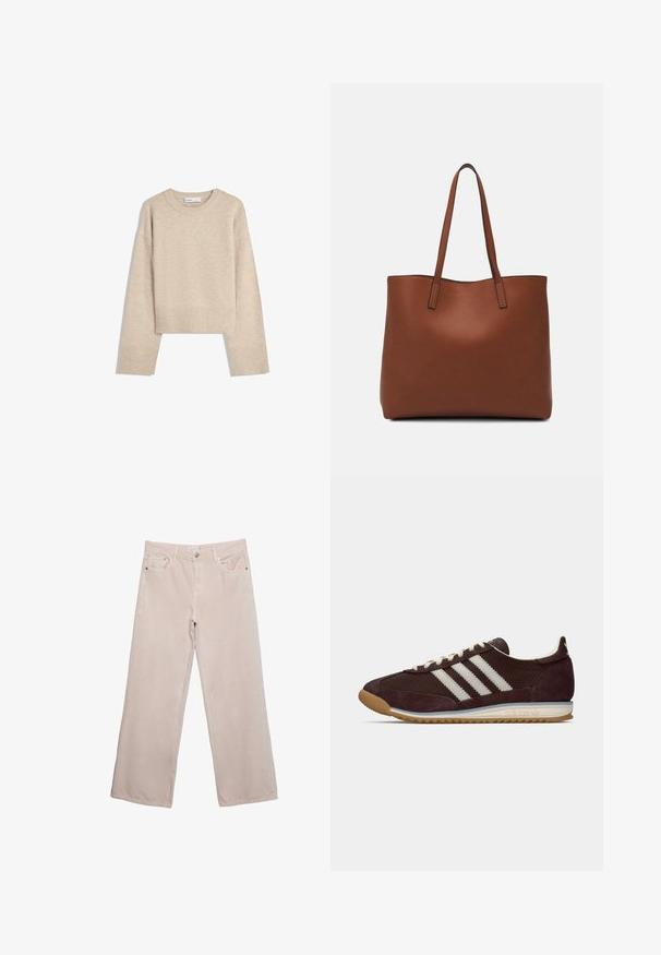 Béžový skrátený sveter vyrobený z mäkkého pleteného materiálu. Má okrúhly výstrih, dlhé rukávy a rebrované manžety a lem pre dodatočnú textúru.; Svetlé béžové široké nohavice vyrobené z mäkkého bavlneného materiálu. Obsahujú päť vreciek, pútka na opasok a jemné stehy pozdĺž lemu.; Nízko profilové tmavobordové tenisky Adidas s bielymi pruhmi, krémovými šnúrkami a gumovou podrážkou, bočný pohľad na jednofarebnom pozadí.; Hnedá kožená taška na rameno s hladkou textúrou, otvoreným vrchom a dvoma ramenými popruhmi. Má minimálne šitia a žiadne viditeľné kovania.
