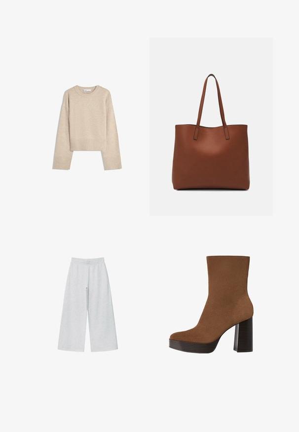 Beige cropped sweater lavet af blød strik. Har rund halsudskæring, lange ærmer samt ribbede manchetter og kant for ekstra tekstur.; Lys grå vidtgående bukser lavet af blødt stof med elastisk talje. Designet har en løs pasform for komfort og bevægelsesfrihed.; Brune ruskind ankelstøvle med en rund tå, kraftig sort stribet hæl og en glat overflade. Den har et tætsiddende design uden synligt hardware.; Brun læder tote taske med en glat overflade, åben topdesign og to skulderremme. Har minimal syning og ingen synlig hardware.