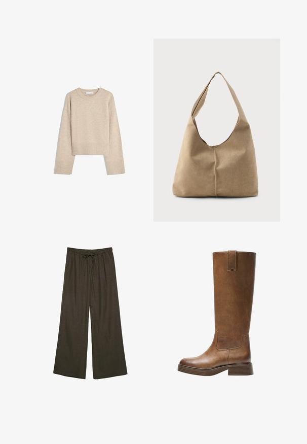 Beżowy, krótkie sweter wykonany z miękkiego materiału dzianinowego. Posiada okrągły dekolt, długie rękawy oraz prążkowane mankiety i dół, co dodaje mu tekstury.; Ciemnobrązowe spodnie typu wide-leg z elastycznym pasem i regulowanym sznurkiem. Wykonane z miękkiego, lekkiego materiału.; Brązowe skórzane wysokie buty do kolan z okrągłym noskiem, teksturowaną powierzchnią i niskim piętrem o warstwowej budowie. Posiadają boczną wstawkę oraz pętelkę na górze.; Torba hobo w miękkim beżowym zamszu o luźnym kształcie, szerokim pasku na ramię i ręcznie szytym szczególe na przedzie.