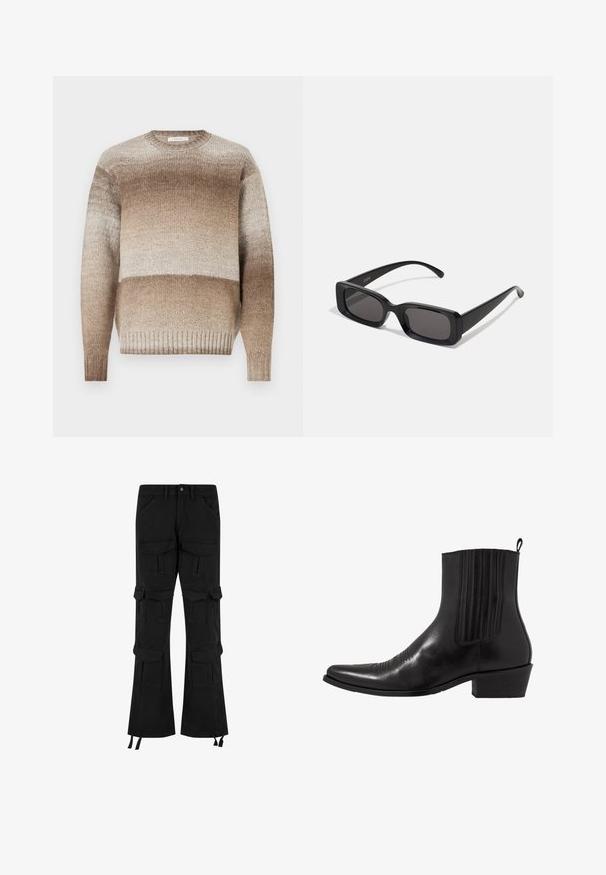 Bordinis megztinis su apvalia iškirpte, turintis gradientinį raštą nuo šviesių iki tamsių atspalvių ir atkirptais rankogaliais bei apačia. Minkšta tekstūra.; Juodi džinsiniai cargo keliai, turintys kelias kišenes, plačią kojų dizainą ir reguliuojamas raištelių detales apatinėje dalyje.; Juodas odinis kulkšninis botas su smailiu pirštu, elastingomis šoninėmis dalimis, vertikaliu siuvinėjimu ir žemu stačiakampiu kulnu.; Juodos stačiakampės saulės akiniai su tamsiais lęšiais, blizgiu paviršiumi, plačiomis kojelėmis ir masyviu rėmeliu. Ant vienos kojelės yra išgraviruotas prekės ženklas.