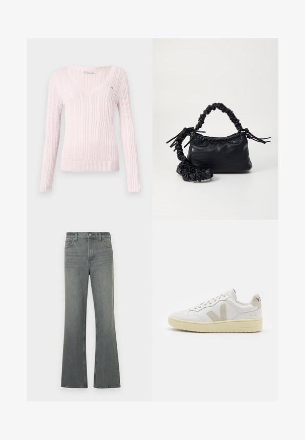 Svetlo roza pleteni pulover z V-izrezom, dolgimi rokavi, rebrastimi manšetami in robom, z teksturiranim kabelskim vzorcem po celotnem oblačilu.; Sive visoke traper hlače ravnega kroja z gumbom in zadrgo, sprednjimi žepi in zankami za pas.; Bela usnjena tenisača z bež semiš poudarki, perforiranim prednjim delom, ravnimi vezalkami in strukturiranim kremnim podplatom. Ima diskretno blagovno znamko na peti.; Črna torbica iz umetnega usnja s krokodilovo teksturo, z zvitim vrhom in zmečkano naramico. Zdi se mehka in kompaktna v oblikovanju.