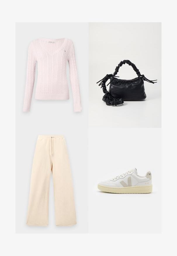 Light pink knitted sweater featuring a V-neck, long sleeves, ribbed cuffs, and hem, with a textured cable pattern throughout.; Wide-leg pants in a light beige, made from a textured fabric. Features an elastic waistband with a drawstring. Simple, unembellished design.; White leather sneaker with beige suede accents, perforated toe box, flat laces, and a textured cream sole. Features subtle branding on heel.; Black faux leather handbag with a crocodile texture, cinched top, and a scrunched strap. Appears soft and compact in design.