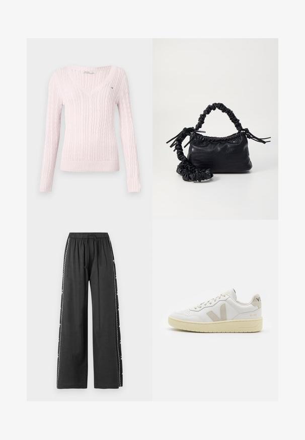 Heledad roosa kudumine särk, millel on V-kaelus, pikad varrukad, ribatud mansetid ja alläär, kaetud tekstuurse nöörmustriga.; Mustad laiad püksid elastse vööni ja nööriga, mille külgseintelt leiab valgetest niitidest tikandeid. Sile tekstuur.; Valge nahast tenniseking, millel on beežist siidist aktsent ja aukudega varvas, lame paelad ja tekstureeritud koorevärvi tallad. Omab nüansirikast brändimist kannal.; Must must sünteetilisest nahast käekott, millel on krokodillimuster, kokku tõmmatav ülaosa ja kortsus rihm. Tundub pehme ja kompaktne disain.