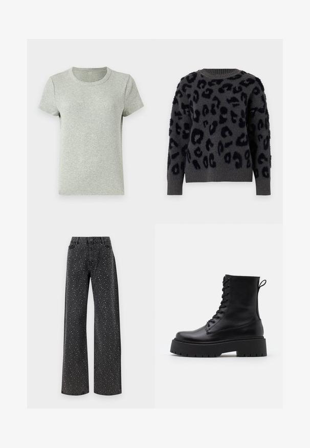 Siva pulover iz mehkega materiala z črnim leopardjim vzorcem, okroglim izrezom ter rebrastimi manšetami in robom. Teksturne plošče dodajajo dimenzijo.; Siva kratka majica s rukavima s okruglim izrezom, napravljena od rebrastog materijala. Glatka tekstura s regularnim krojem i minimalnim dizajnom.; Noisy May NMJANNEL LOOSE - Široke kavbojke - black denim; Črne usnjene gležnjarje z okroglo konico, vezalnim sprednjim delom in debelim gumijastim podplatom z teksturiranim profilom. Zanka na hrbtni strani.