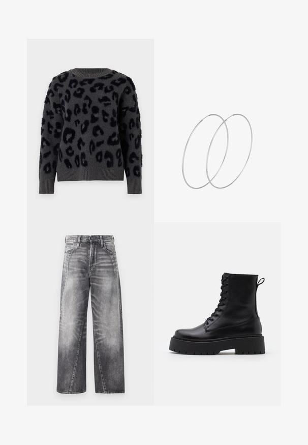 Maglione grigio in morbido tessuto con stampa leopardata nera, scollatura rotonda e polsini e orlo a coste. I patch testurizzati aggiungono dimensione.; Jeans a gamba larga in denim grigio sbiadito. Presentano una classica chiusura con bottone e cerniera, cinque tasche e dettagli di whiskering sottili.; Stivaletti in pelle nera alla caviglia con punta rotonda, lace-up frontale e suola in gomma spessa con battistrada textured. Tassello sul retro.; Orecchini a cerchio in argento con un design minimalista. Forma circolare, superficie liscia e profilo sottile. Leggeri con una finitura lucida.