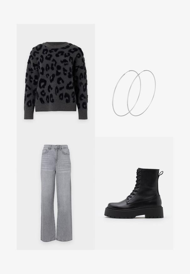 Siva pulover iz mehkega materiala z črnim leopardjim vzorcem, okroglim izrezom ter rebrastimi manšetami in robom. Teksturne plošče dodajajo dimenzijo.; Visoko pasovanje, široke hlače iz svetlo sive denimske tkanine s pošvedrjenim zaključkom, ki vključujejo sprednji gumb in pet žepov.; Črne usnjene gležnjarje z okroglo konico, vezalnim sprednjim delom in debelim gumijastim podplatom z teksturiranim profilom. Zanka na hrbtni strani.; Srebrne uhane v obliki obroča z minimalističnim dizajnom. Krožna oblika, gladka tekstura in tanek profil. Lahki s poliranim zaključkom.