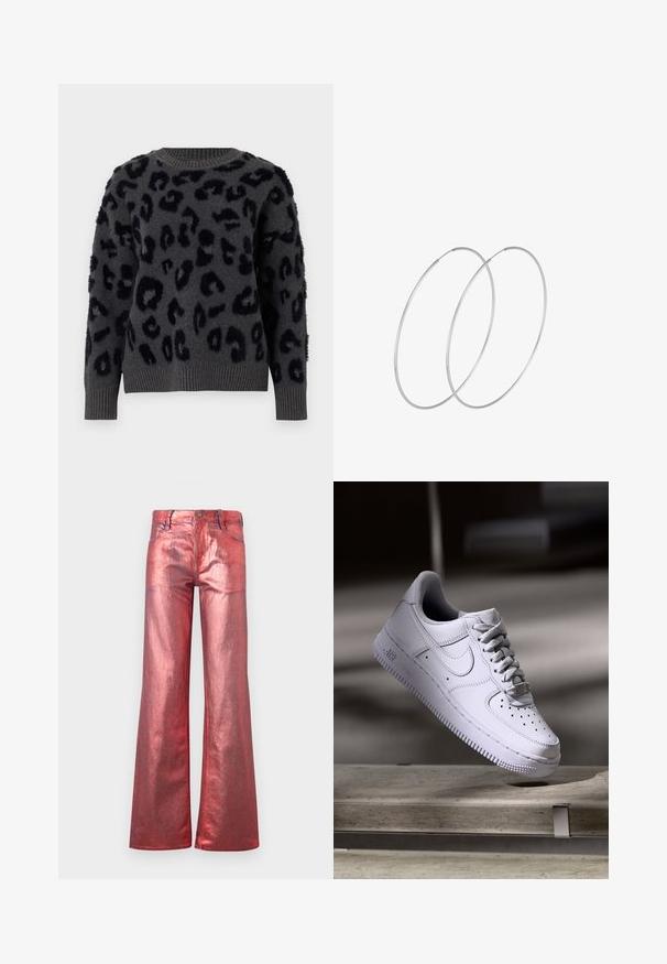 Grå tröja i mjukt material med svart leopardsmönster, rund halsringning och ribbade ärmslut och nederkant. Texturerade lappar ger dimension.; Röda metalliska byxor med vida ben och en glänsande finish, fem fickor och sömnadsdetaljer. Har en knapp- och dragkedjestängning.; Vit Nike Air Force 1-sneaker som svävar ovanför en betongyta med skuggor i en minimalistisk miljö.; Silverfärgade hoopörhängen med en minimalistisk design. Cirkulär form, slät yta och tunn profil. Lätta med en polerad finish.