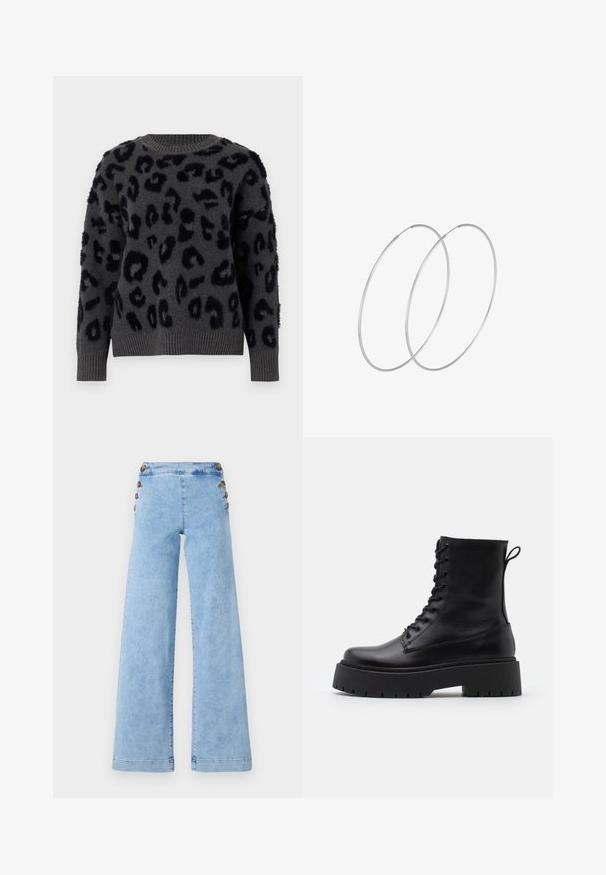 Gray sweater in soft fabric featuring a black leopard print, round neckline, and ribbed cuffs and hem. Textured patches add dimension.; Light blue denim wide-leg jeans with a high waist, featuring metal button accents along the sides and a smooth, slightly distressed texture.; Black leather ankle boots with a round toe, lace-up front, and a thick rubber sole featuring a textured tread. Pull tab at the back.; Silver hoop earrings with a minimalist design. Circular shape, smooth texture, and thin profile. Lightweight with a polished finish.