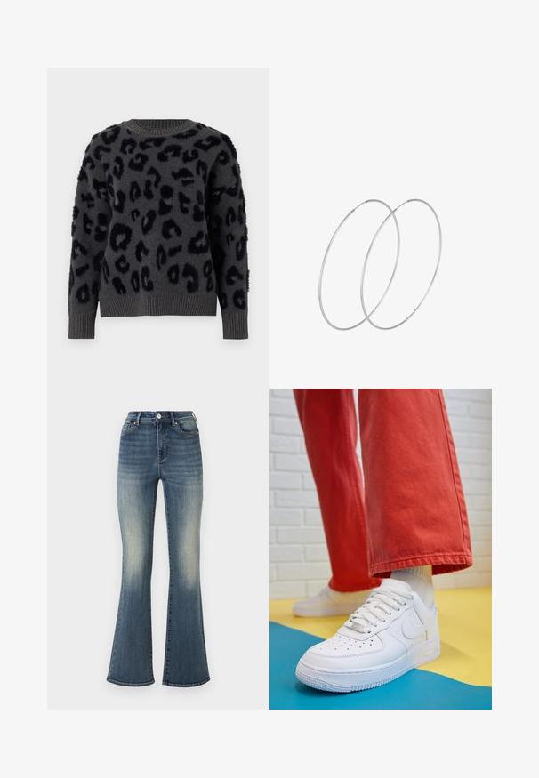 Siva pulover iz mehkega materiala z črnim leopardjim vzorcem, okroglim izrezom ter rebrastimi manšetami in robom. Teksturne plošče dodajajo dimenzijo.; Modre široke kavbojke iz denima, visokega pasu, z rahlim zbledeljem in ravnim krojem od boka do kolena, z razširitvijo na robu.; Beli usnjeni športni čevlji s perforiranim prstnim delom, teksturiranim podplatom in belimi vezalkami, v kombinaciji s širokimi rdečimi hlačami in modro-rumeno ozadje.; Srebrne uhane v obliki obroča z minimalističnim dizajnom. Krožna oblika, gladka tekstura in tanek profil. Lahki s poliranim zaključkom.