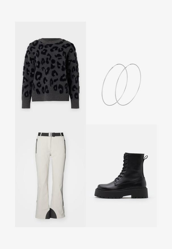 Hall hall ja pehmeast kangast hallipullover musta leopardimustriga, ümmargune kaelus ning soonikotsad ja -äär. Tekstuuriga plaastrid lisavad kolmemõõtmelisust.; Helehallid lumepüksid, mis on valmistatud tekstureeritud kangast, musta vöökohaga, küljetaskutega ja mustade aktsentidega aluses.; Mustad mustad nahast pahkluu saapad ümarate varvastega, nööridega esiosas ja paksu kummist talla ning tekstuuritud mustriga. Tagumine tõmbeaas.; Hõbedased rõngastikkaehingad minimalistlikus disainis. Ümar kuju, sile tekstuur ja õhuke profiil. Kerged ning poleeritud viimistlusega.