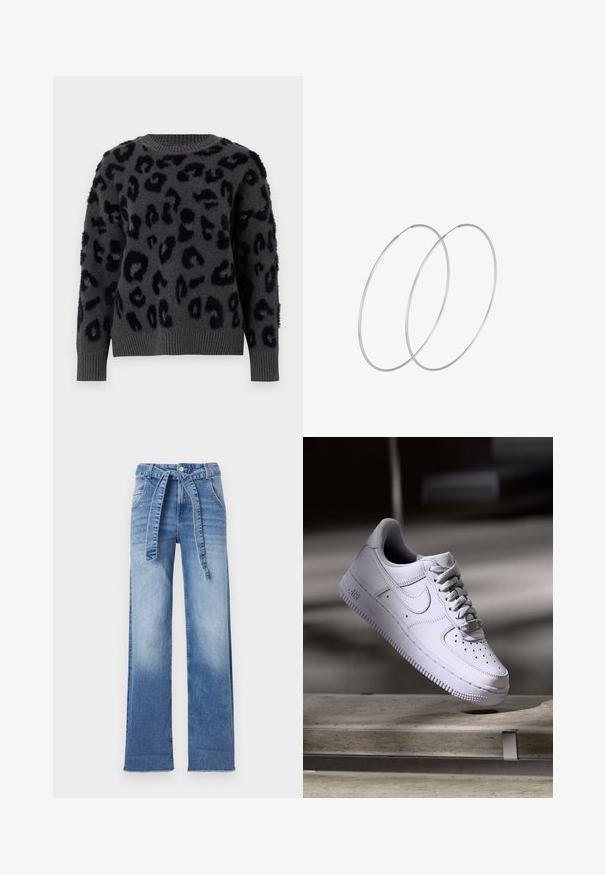 Sivi pulover od mekanog materijala s crnim leopardskim uzorkom, okruglim izrezom i rebrastim manžetama i rubom. Teksturalne zakrpe dodaju dimenziju.; Svijetloplave traperice visokog struka s širokim nogavicama, s remenom na vezanje u struku i izblijedjelim pranjem.; Bijela Nike Air Force 1 tenisica lebdi iznad betonske površine s sjenama u minimalističkom okruženju.; Srebrne okrugle naušnice s minimalističkim dizajnom. Kružni oblik, glatka tekstura i tanak profil. Lagane s poliranim završetkom.