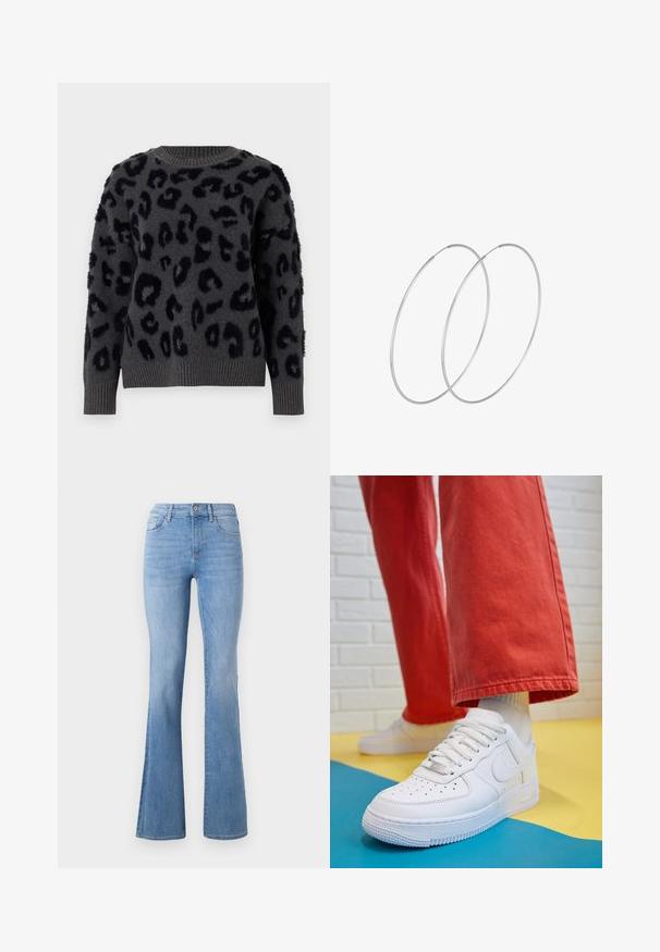 Grå tröja i mjukt material med svart leopardsmönster, rund halsringning och ribbade ärmslut och nederkant. Texturerade lappar ger dimension.; Ljusblå utsvängda jeans med medelhög midja, klassisk femfickdesign och subtil blekning längs benen. Denimtyg.; Vita lädersneakers med perforerat tåparti, texturerad sula och vita snören, kombinerat med vida röda byxor och en blå och gul bakgrund.; Silverfärgade hoopörhängen med en minimalistisk design. Cirkulär form, slät yta och tunn profil. Lätta med en polerad finish.