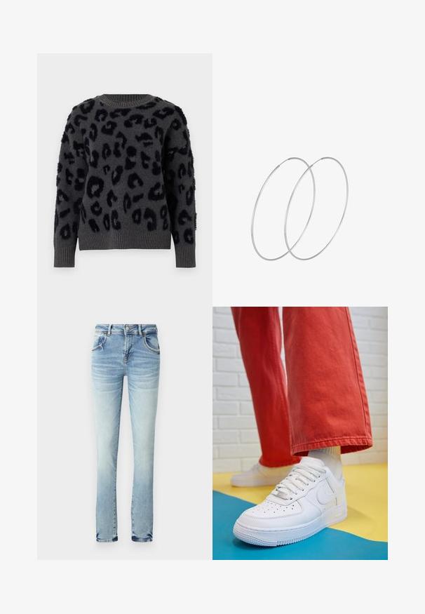 Sivi pulover od mekanog materijala s crnim leopardskim uzorkom, okruglim izrezom i rebrastim manžetama i rubom. Teksturalne zakrpe dodaju dimenziju.; Svijetloplave traperice s efektom izblijedjelosti. Imaju pet džepova, kopčanje na gumb i patentni zatvarač, te ravni kroj. Nema vidljivih uzoraka.; Bijele kožne tenisice s perforiranim prednjim dijelom, teksturiranim đonom i bijelim vezicama, u kombinaciji s širokim crvenim hlačama i plavo-žutom pozadinom.; Srebrne okrugle naušnice s minimalističkim dizajnom. Kružni oblik, glatka tekstura i tanak profil. Lagane s poliranim završetkom.