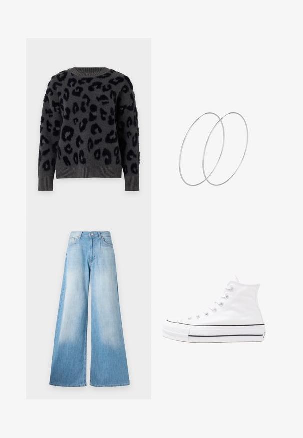 Pilkas megztinis iš minkštos medžiagos, puošiamas juodu leopardų raštu, apvaliu iškirpimu ir raštuotomis rankovėmis bei apačia. Tekstūruoti pleistrai suteikia dimensiją.; Šviesiai mėlyni plačios kojos džinsai su pabandymu, su mygtukų uždarymu, diržo kilputėmis ir klasikinio penkių kišenių dizainu.; Balti aukštakulniai drobės sportbačiai su juodu guminio pado, priekinio guminio piršto dangteliu ir šešiais akytėmis raištams, pasižymintys švariu, minimalistiniu dizainu.; Sidabrinės pusmėnulio auskarai minimalistiniu dizainu. Apskritimo forma, lygus paviršius ir plonas profilis. Lengvi su poliruotu apdailu.