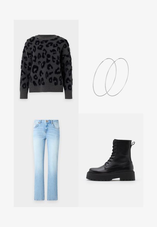 Suéter gris de tejido suave con estampado de leopardo negro, escote redondo y puños y dobladillo acanalados. Los parches texturizados añaden dimensión.; Pantalones de mezclilla de color azul claro con una silueta acampanada, que presentan un cierre de botón, cinco bolsillos y un ligero patrón de desgaste.; Botas de cuero negras hasta el tobillo con punta redonda, cordones en la parte delantera y una suela de goma gruesa con un dibujo texturizado. Tirador en la parte trasera.; Pendientes de aro plateados con un diseño minimalista. Forma circular, textura suave y perfil delgado. Livianos con un acabado pulido.