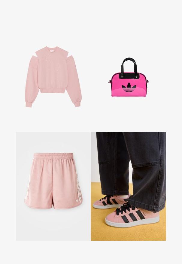 Sweater cropped rosa com design de ombros à mostra, mangas bufantes longas, barra canelada, feito de um tecido de malha suave com uma textura lisa.; Calções de desporto cor-de-rosa com uma cintura elástica, detalhes de uma faixa branca lateral e um pequeno logótipo na parte inferior esquerda da frente. Textura de tecido suave.; Sneakers de camurça rosa com riscas pretas e atacadores pretos. A sola é branca. Combinados com calças largas pretas num chão amarelo.; Mala de patente rosa com um logótipo e alças pretas, apresentando uma forma arredondada e fecho de zíper. A textura brilhante aumenta a visibilidade.