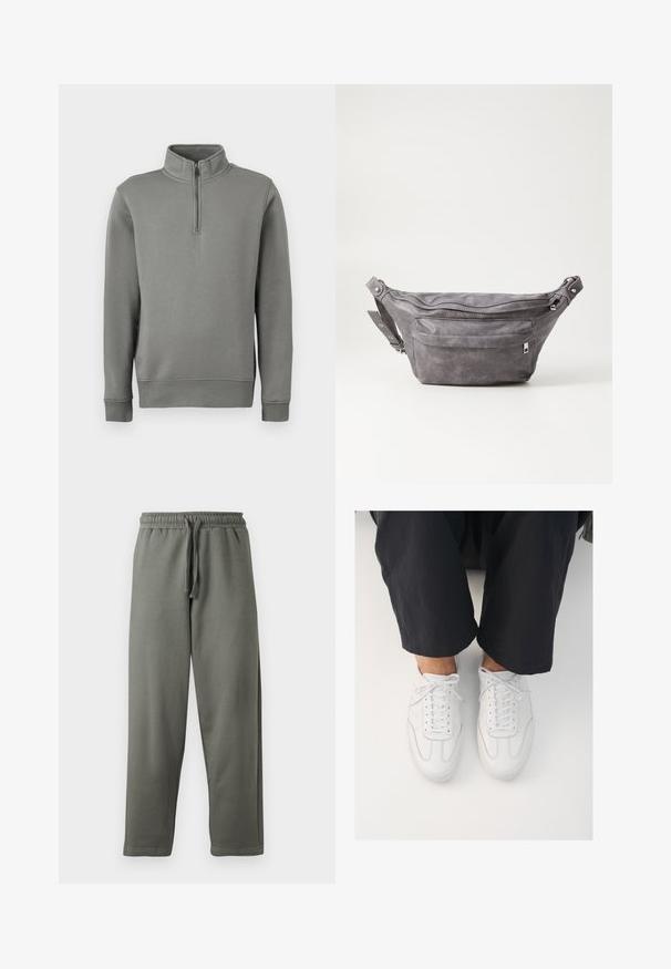 Grå genser med halv glidelås, ribbede mansjetter og rett nederkant. Laget av mykt stoff med en glatt tekstur.; Grå joggebukser laget av myk stoff med elastisk midjebånd og snor; har en rett benklipp og minimale sømdetaljer.; Hvite skinnsnickers med glatt tekstur, rund tå og klassisk snøresystem, plassert over mørke, løse bukser.; Grå semsket fanny pack med avrundet form, to glidelåslommer og justerbar stropp. Har metallbeslag som detaljer.