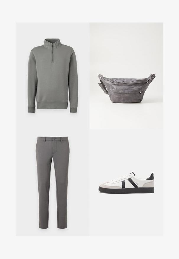 Felpa grigia con zip a metà collo, polsini a costine e orlo dritto. Realizzata in tessuto morbido con una texture liscia.; Chino grigi su misura con una vestibilità slim, tessuto in morbido misto cotone, chiusura con bottone frontale e dettagli di cucitura discreti.; Sneaker bianco con accenti neri e grigi, dotata di una punta grigia testurizzata, suola in gomma nera e lacci bianchi piatti. Design pulito, stile minimalista.; Fanny pack in suede grigio con forma arrotondata, due scomparti con cerniera e tracolla regolabile. Presenta dettagli in metallo.