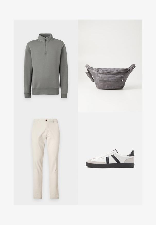 Grå pullover sweatshirt med en halv lynlås-krave, ribbede manchetter og en lige kant. Fremstillet af blødt stof med en glat overflade.; Beige bomuldsbukser med slim fit, frontlommer og en enkelt brun knaplukning i taljen. Glat tekstur.; Hvide sneakers med sorte og grå detaljer, med en tekstureret grå tåhætte, sort gummisål og flade hvide snørebånd. Rent design, minimalistisk stil.; Grå suedefanny pack med en rund form, to lynlåslommer og justerbart strop. Har metalhardware detaljer.