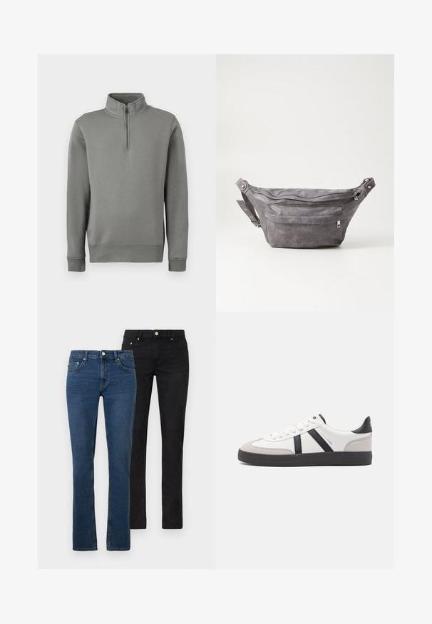 Šedý pulovrový svetr s polo zipem, ribovanými manžetami a rovním lemem. Vyrobeno z měkké tkaniny s hladkou strukturou.; Dvoje džínů: jedny světle modré a jedny černé. Oba jsou rovné nohavice, vyrobené z denimu, s předními kapsami a kovovými knoflíky.; Bílé tenisky s černými a šedými akcenty, opatřené texturovaným šedým prstovým krytem, černou gumovou podrážkou a plochými bílými tkaničkami. Čistý design, minimalistický styl.; Šedý semišový ledvinka s kulatým tvarem, dvěma zipovými přihrádkami a nastavitelným popruhem. Obsahuje kovové akcenty.
