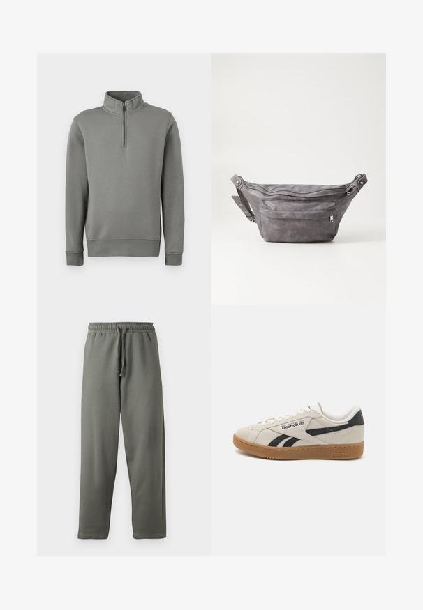 Grauer Pullover mit halbem Reißverschluss, gerippten Bündchen und geradem Saum. Hergestellt aus einem weichen Stoff mit glatter Textur.; Graue Jogginghosen aus weichem Stoff mit elastischem Bund und Kordelzug; sie haben einen geraden Beinausschnitt und minimale Nähte.; Reebok-Sneaker aus beigem Wildleder mit schwarzen Akzenten. Sie verfügen über eine Gummilaufsohle, traditionelle Schnürung und einen gepolsterten Kragen für Komfort.; Graue Wildleder-Gürteltasche mit runder Form, zwei mit Reißverschluss verschlossenen Fächern und verstellbarem Trageriemen. Mit metallischen Hardware-Akzenten.