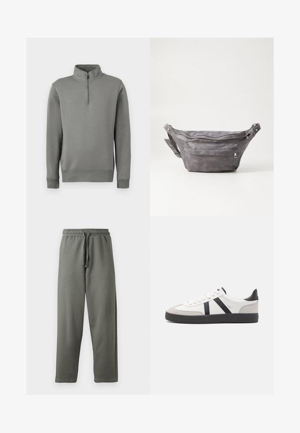 Grijze pullover sweatshirt met een halve ritssluiting, ribgebreide manchetten en een rechte zoom. Gemaakt van zachte stof met een gladde textuur.; Grijze joggingbroek gemaakt van zacht stof met een elastische tailleband en aantrekkoord; heeft een rechte broekspijpen en minimale stikdetails.; Witte sneaker met zwarte en grijze accenten, voorzien van een grijze neus met textuur, zwarte rubberen zool en platte witte veters. Schoon ontwerp, minimalistische stijl.; Grijze suède heuptas met een ronde vorm, twee met rits afgesloten compartimenten en een verstelbare band. Voorzien van metalen accenten.