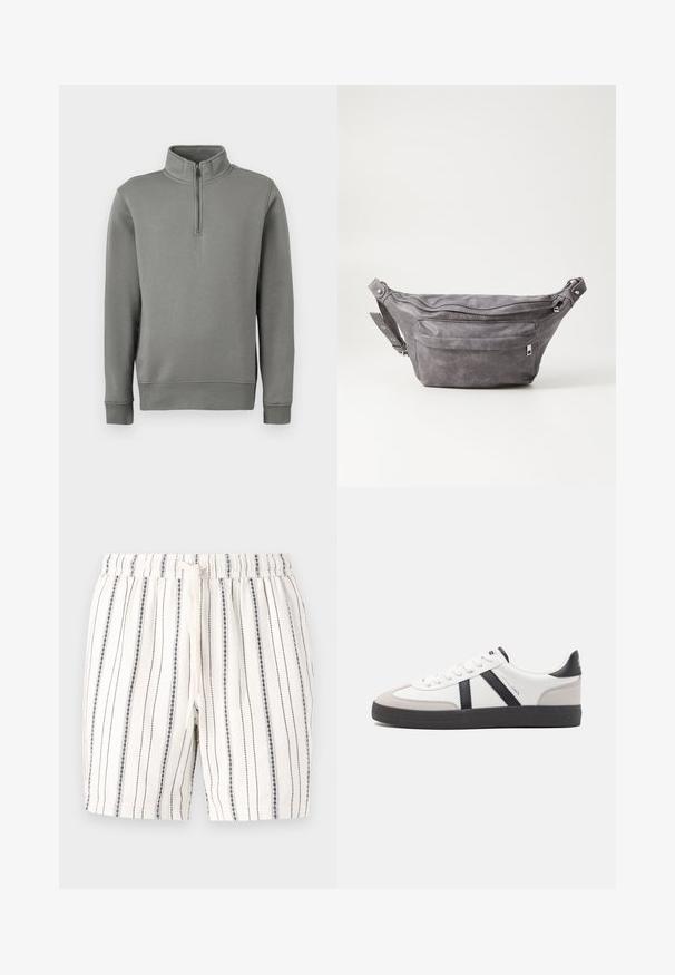 Grijze pullover sweatshirt met een halve ritssluiting, ribgebreide manchetten en een rechte zoom. Gemaakt van zachte stof met een gladde textuur.; Witte shorts met verticale marineblauwe strepen, elastische tailleband en een trekkoord. Zachte textuur met een casual, lichtgewicht ontwerp.; Witte sneaker met zwarte en grijze accenten, voorzien van een grijze neus met textuur, zwarte rubberen zool en platte witte veters. Schoon ontwerp, minimalistische stijl.; Grijze suède heuptas met een ronde vorm, twee met rits afgesloten compartimenten en een verstelbare band. Voorzien van metalen accenten.