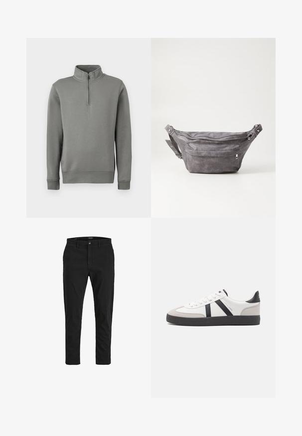 Pilkas megztinis su pusiau užtrauktuku ir tiesia apatine dalimi, su prailgintais rankogaliais. Pagamintas iš minkštos medžiagos su glotnia tekstūra.; Juodos chino kelnės su siauru siluetu, pagamintos iš medvilnės. Turi sagų užsegimą, priekinės kišenės ir lygią tekstūrą. Švarus dizainas be raštų.; Balti sportbačiai su juodais ir pilkais akcentais, pasižymintys tekstūruotu pilku pirštų dangteliu, juoda gumine padais ir plokščiomis baltomis raišteliais. Švarus dizainas, minimalistinis stilius.; Pilkas suedes fanny pack'as apvalios formos, su dviem užtraukiamais skyreliais ir reguliuojama diržele. Yra metaliniai aksesuarai.